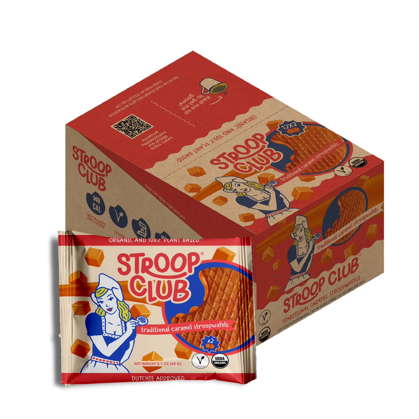 Stroop Club Traditional Caramel Plant Based and Organic Stroopwafels Box - 12 packs x 2-pack case