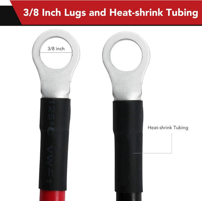 8 AWG Battery Cables, 8 Gauge 2 Feet Red + 2 Feet Black Pure Copper Wires with 3/8" Lugs Both Ends for Car Marine Solar Lawn Mower Motorcycle