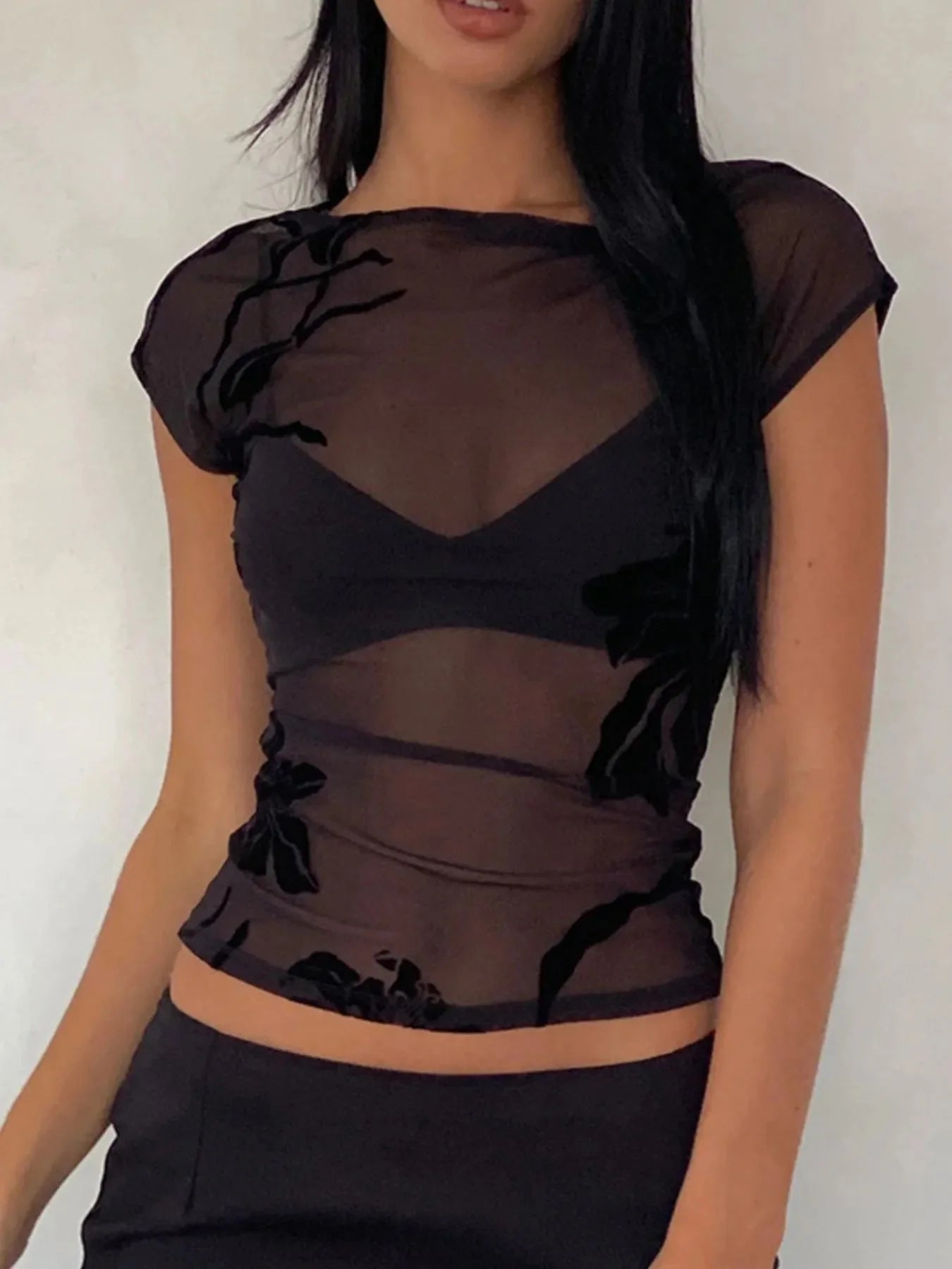 Black Velvet Sheer Floral Mesh Top