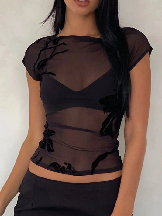 Black Velvet Sheer Floral Mesh Top