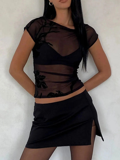 Black Velvet Sheer Floral Mesh Top