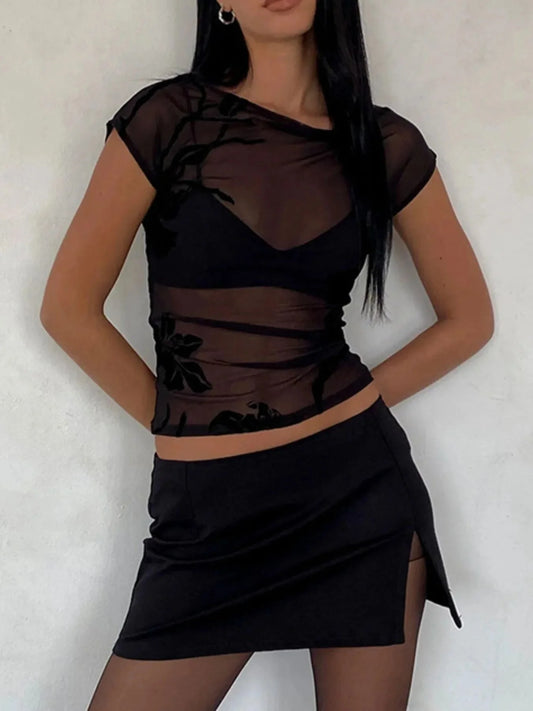 Black Velvet Sheer Floral Mesh Top