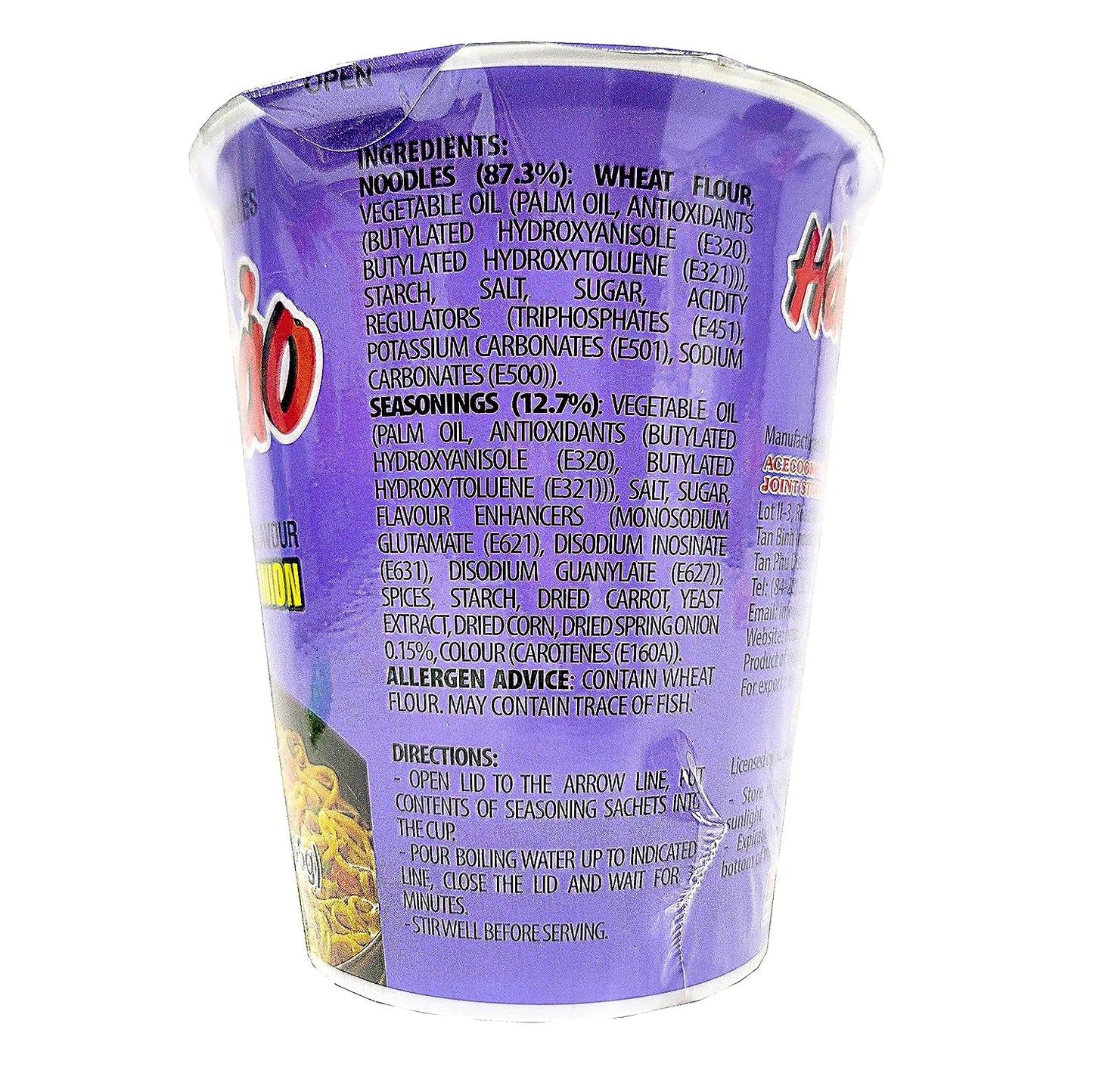 ACECOOK Hao Hao Instant Noodles Cups - Sate Onion Flavor, 12 Cups X 2.29 OZ