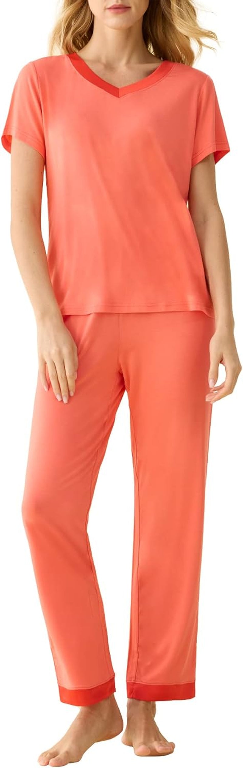 Women'S V-Neck Sleepwear Short Sleeves Top with Pants Pajama Set