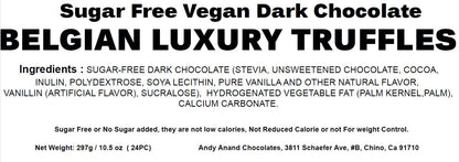 Andy Anand 24 pcs Sugar Free Vegan Dark Chocolate Truffles – 60% Chocolate (Cocoa Butter), Dairy Free, Soy Free, Sesame Free, Gift Boxed