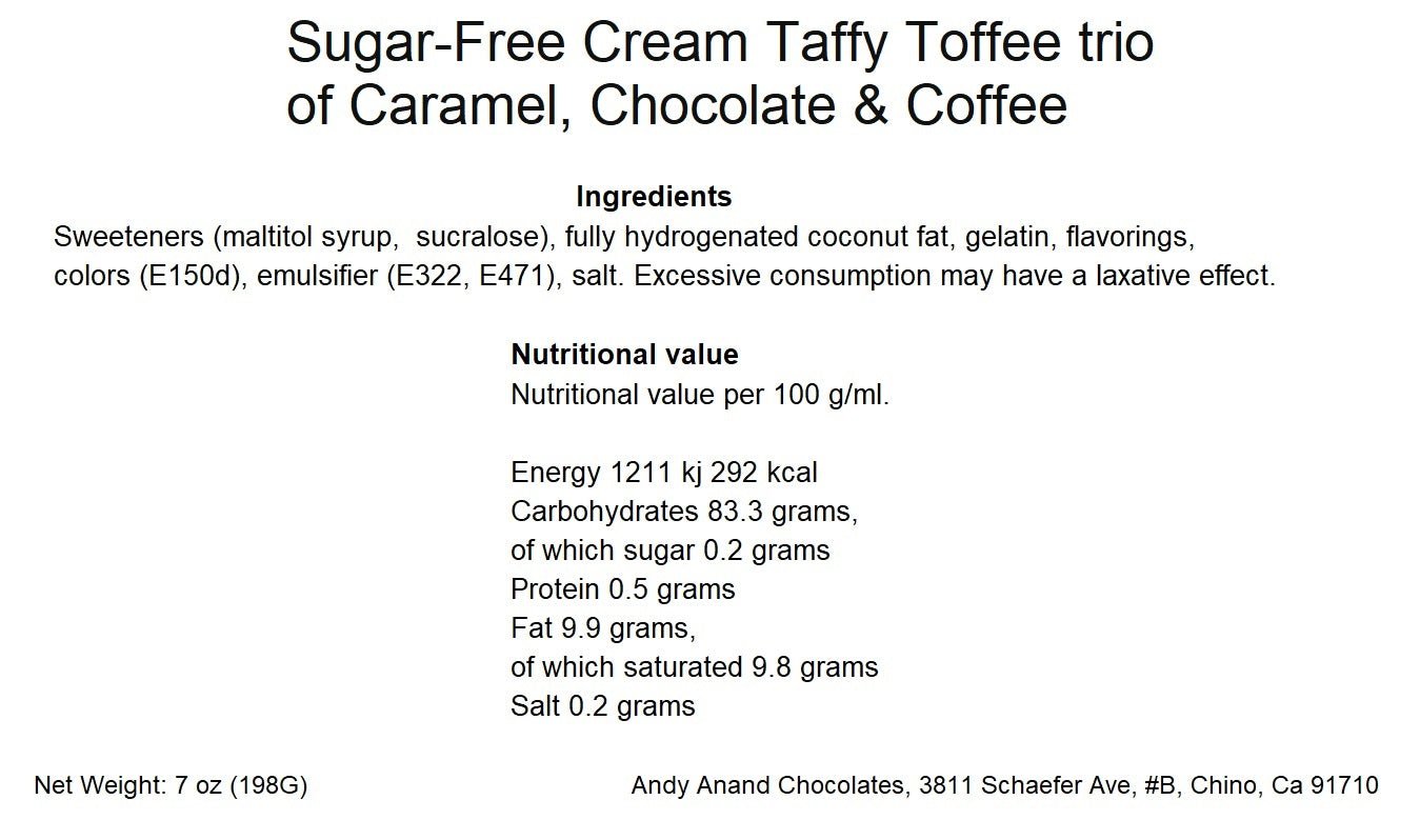 Andy Anand Chocolatier Sugar Free Creamy Taffy Toffee - Trio of Caramel, Chocolate & Coffee - Made in Europe Gluten Free Assorted Flavor Individually Wrapped Candy With No preservatives (33pcs, 7 Oz)