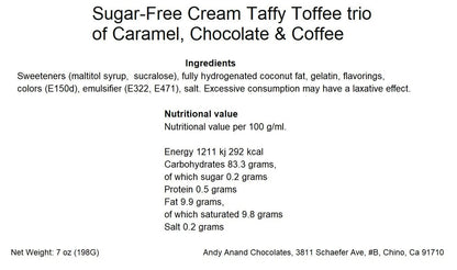 Andy Anand Chocolatier Sugar Free Creamy Taffy Toffee - Trio of Caramel, Chocolate & Coffee - Made in Europe Gluten Free Assorted Flavor Individually Wrapped Candy With No preservatives (33pcs, 7 Oz)
