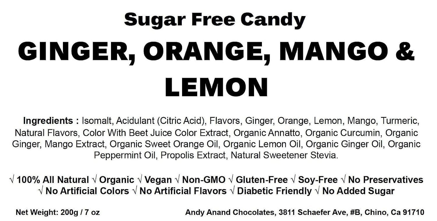 Andy Anand 55 Pc Sugar Free Ginger Candy with great tasting 3 Flavors Orange, Mango & Lemon Made In Italy, Imported Sugar Free Hard Candy - Delicious and Healthy 7 Oz