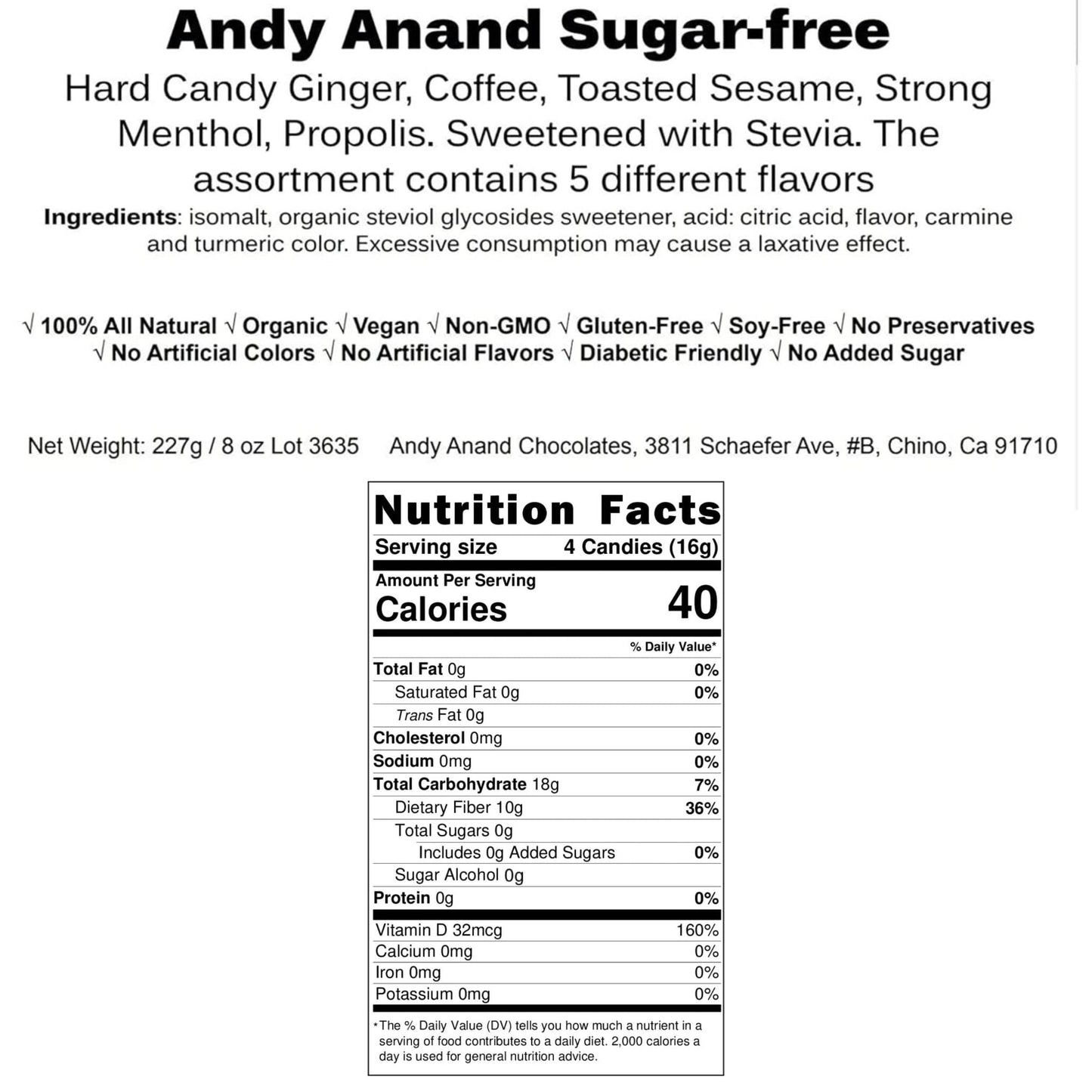 Andy Anand Sugar Free Hard Candy Variety Pack - Ginger, Coffee, Toasted Sesame, Menthol, Propolis - Stevia Sweetened - Gluten Free - | Perfect for Chocolate Lovers, Candy for Diabetics - (85 Ct 7 Oz)
