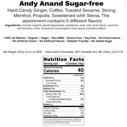 Andy Anand Sugar Free Hard Candy Variety Pack - Ginger, Coffee, Toasted Sesame, Menthol, Propolis - Stevia Sweetened - Gluten Free - | Perfect for Chocolate Lovers, Candy for Diabetics - (85 Ct 7 Oz)