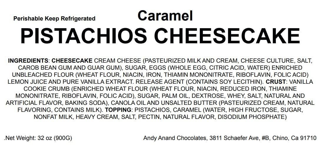 Andy Anand Caramel Pistachios Cheesecake 9" - The Best Cheesecake - Made with Fresh Ingredients and Love (2.6 lbs)