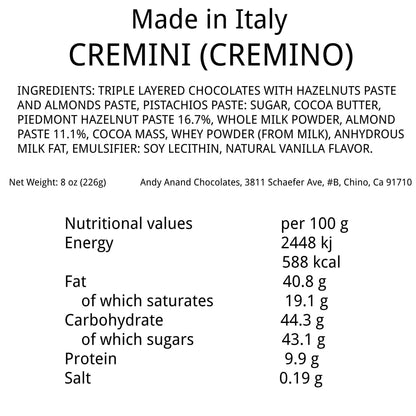 Andy Anand Gluten Free Cremino – 18-Piece Italian Chocolate Assortment, 2 Flavors, Crafted with 60% Cocoa Butter, 8 oz.