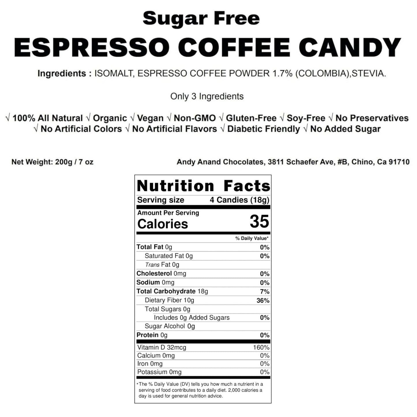 Andy Anand Sugar Free Espresso Coffee Candy, Stevia Candy for Diabetics, Hard Candy Sugar Free - A Delicious and Healthy Option 7 Oz