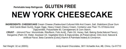 Andy Anand Gluten-Free New York Cheesecake, 9-Inch, 2 lb – Freshly Baked, Velvety Smooth, Real California Cream Cheese, Birthday Gift Box
