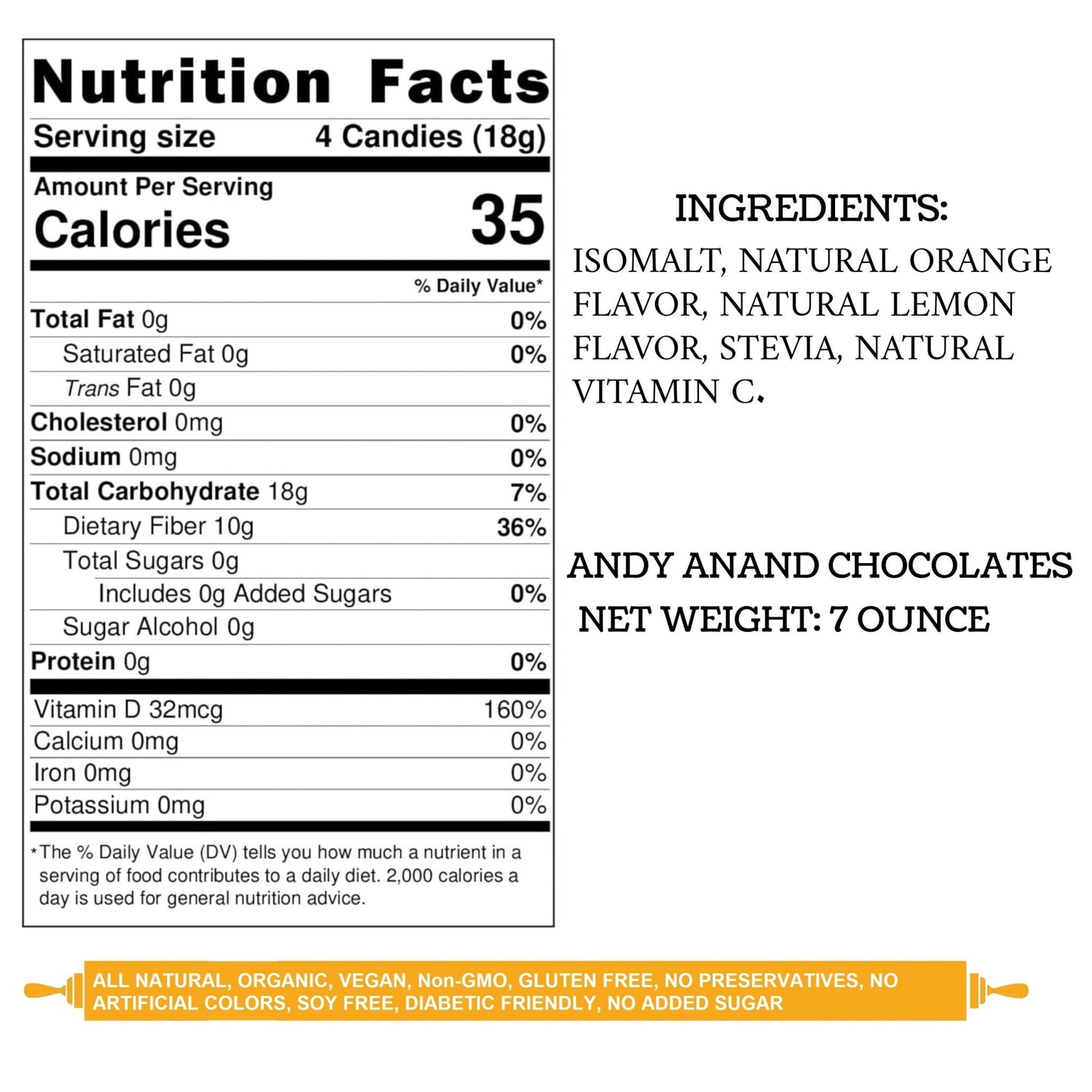 Andy Anand Delicious Sugar Free Fruity Orange & Lemon Flavors, Stevia Candy for Diabetics Irresistible Taste, European Imported Sugar Free Hard Candy - A Delicious Treat 7 Oz