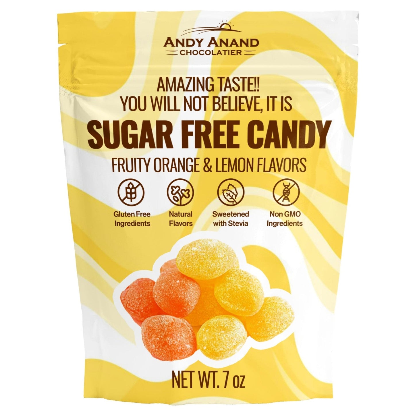 Andy Anand Chocolatier Sugar Free Orange & Lemon Hard Candy - Tangy Orange & Lemon Mixed Flavor - Made in Italy Individually Wrapped Gluten Free Enhanced with Vitamin C, Lemon Hard Candy Keto Stevia Sweetened Candy (7 Oz)