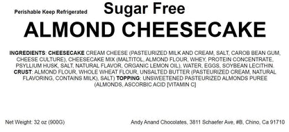 Andy Anand Sugar-Free Almond Cheesecake, 9-Inch, 2 lb – Diabetic-Friendly, Real California Cream Cheese, No Preservatives, Birthday Gift