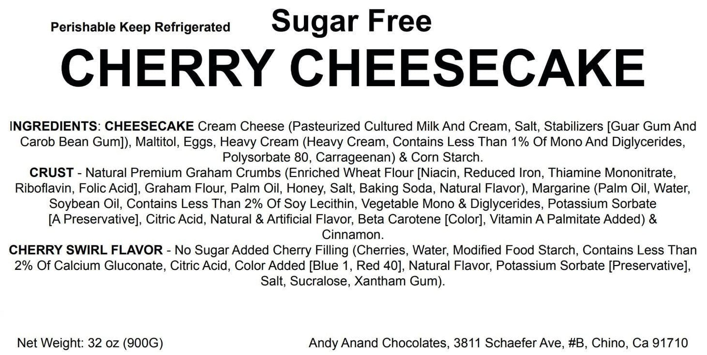 Andy Anand Sugar-Free Cherry Cheesecake, 9-Inch, 3.4 lb – Diabetic-Friendly, Freshly Baked, California Cream Cheese, All-Natural Gift Box