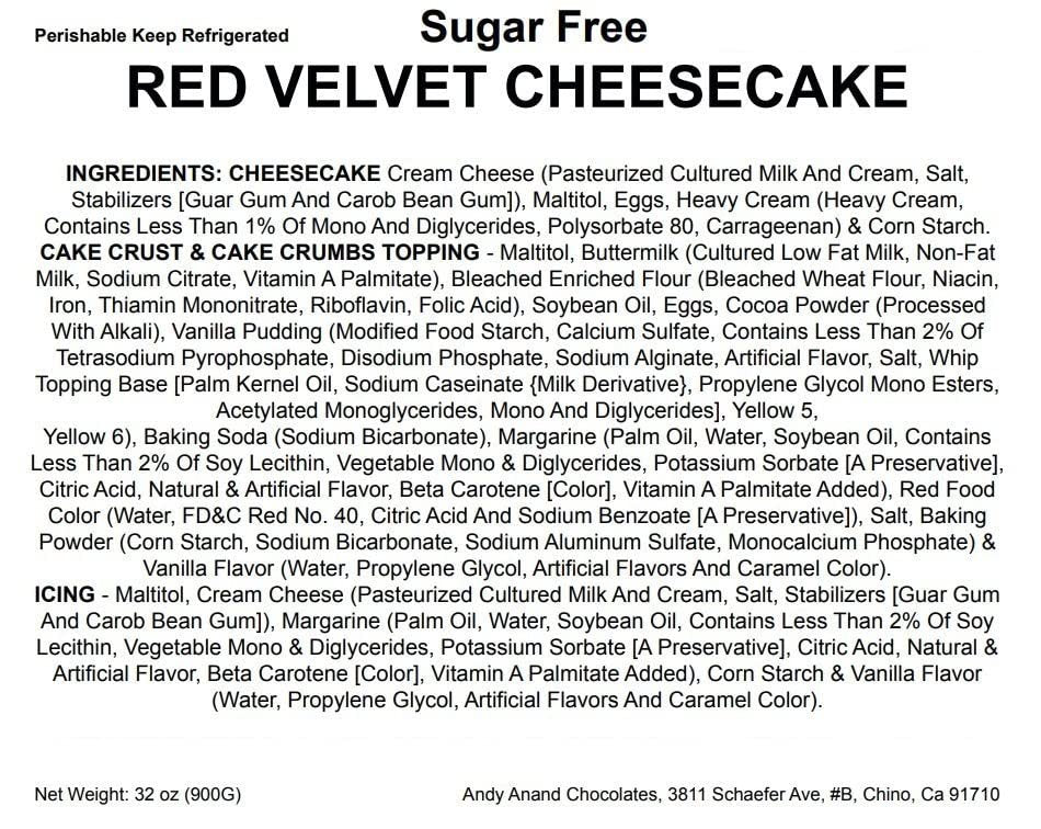 Andy Anand Deliciously Sugar Free Red Velvet Cheesecake - Homemade Style Best Cheese Cake Near Me For Celebrations & Dessert Lovers (2 lbs)
