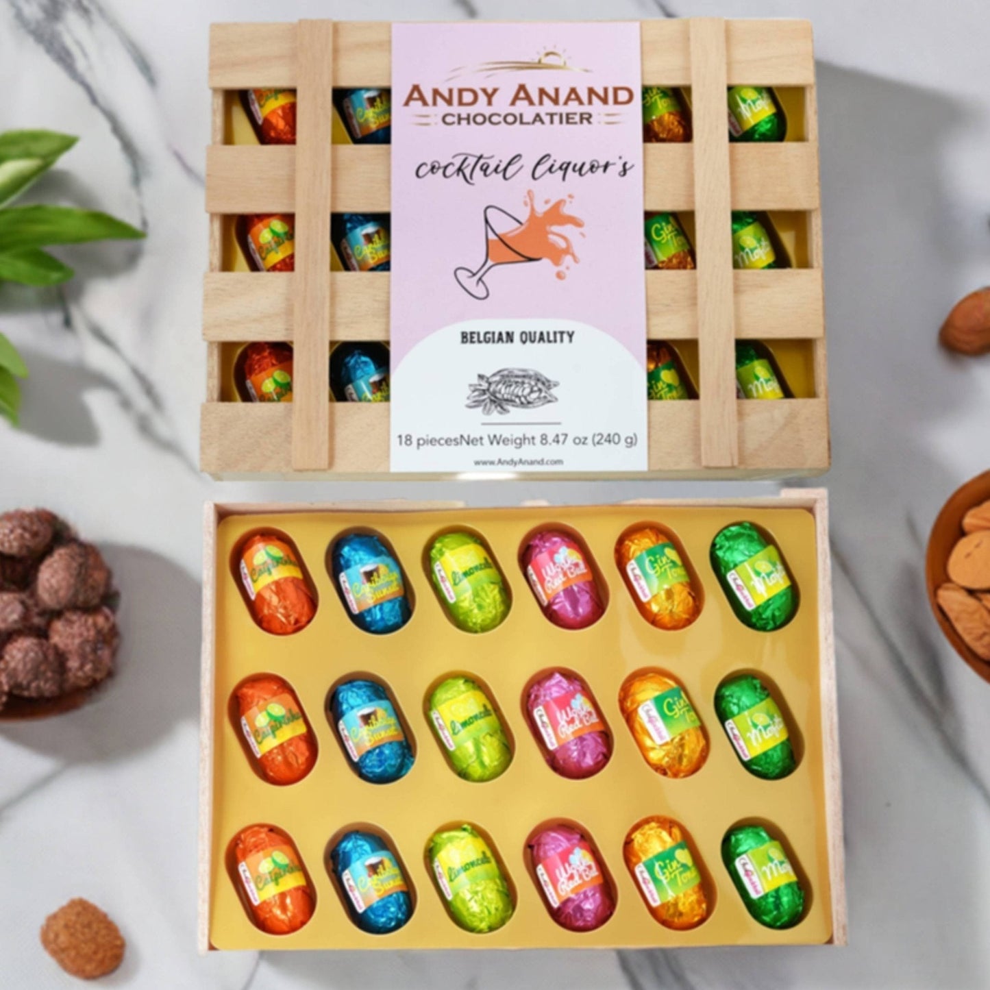 Andy Anand Non Alcoholic Vegan Chocolate – Vegan Dark Chocolates, 18 Pieces, Six Unique Flavors, Crafted with 60% Cocoa Butter