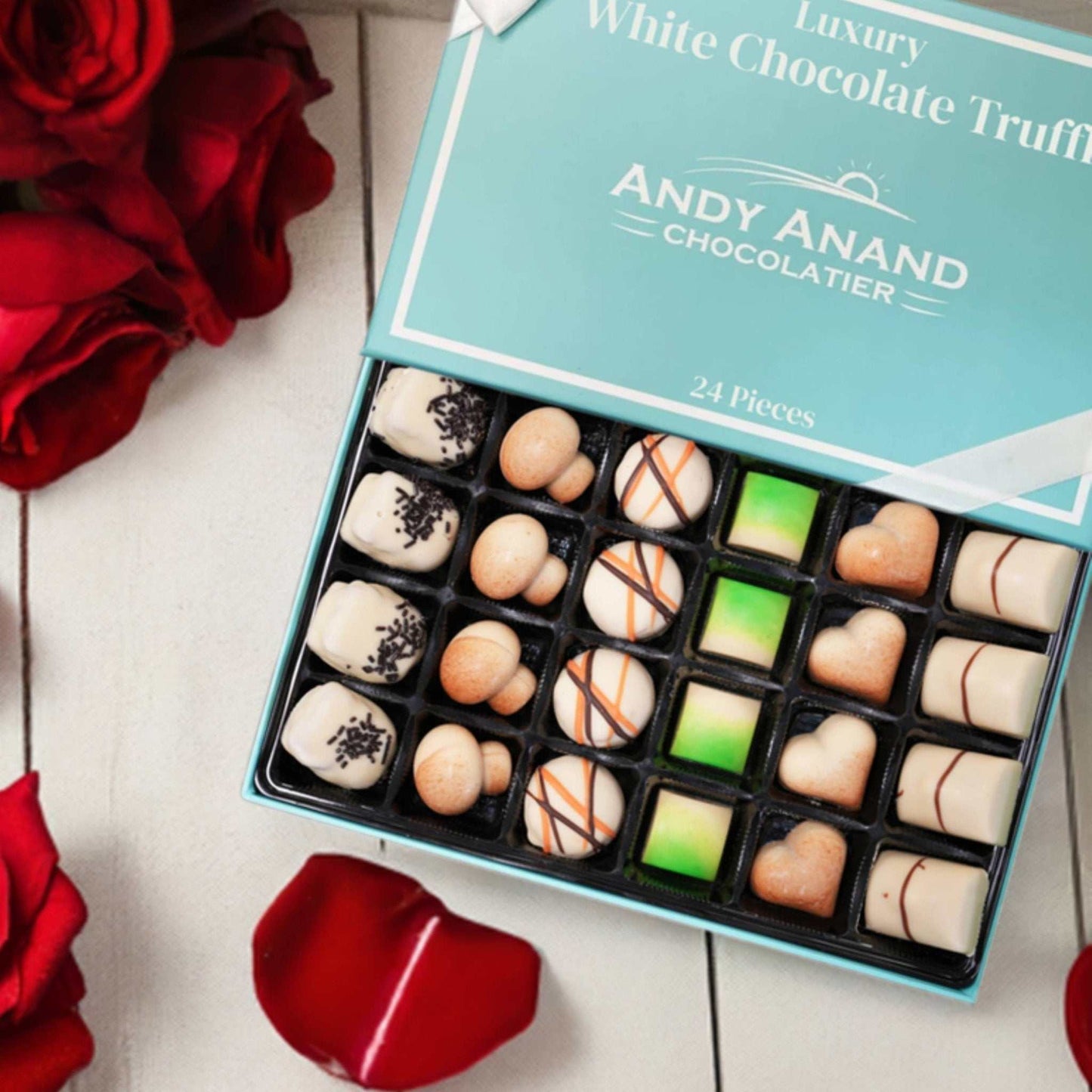 Andy Anand 24 Pc Premium Belgian White Chocolate Truffles – Gourmet Ganache Filled Luxury Gift Box, Crafted with 60% Chocolate (Cocoa Butter)