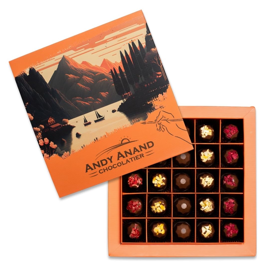 Andy Anand Belgian Chocolate Truffles – 25 Pcs Gift Box with Mango, Pistachio, Pineapple, Raspberry & Strawberry, Made with 60% Rich Belgian Chocolate – Decadent Gourmet Treats (8 Oz)