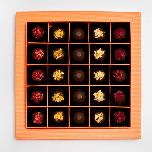 Andy Anand Belgian Chocolate Truffles – 25 Pcs Gift Box with Mango, Pistachio, Pineapple, Raspberry & Strawberry, Made with 60% Rich Belgian Chocolate – Decadent Gourmet Treats (8 Oz)