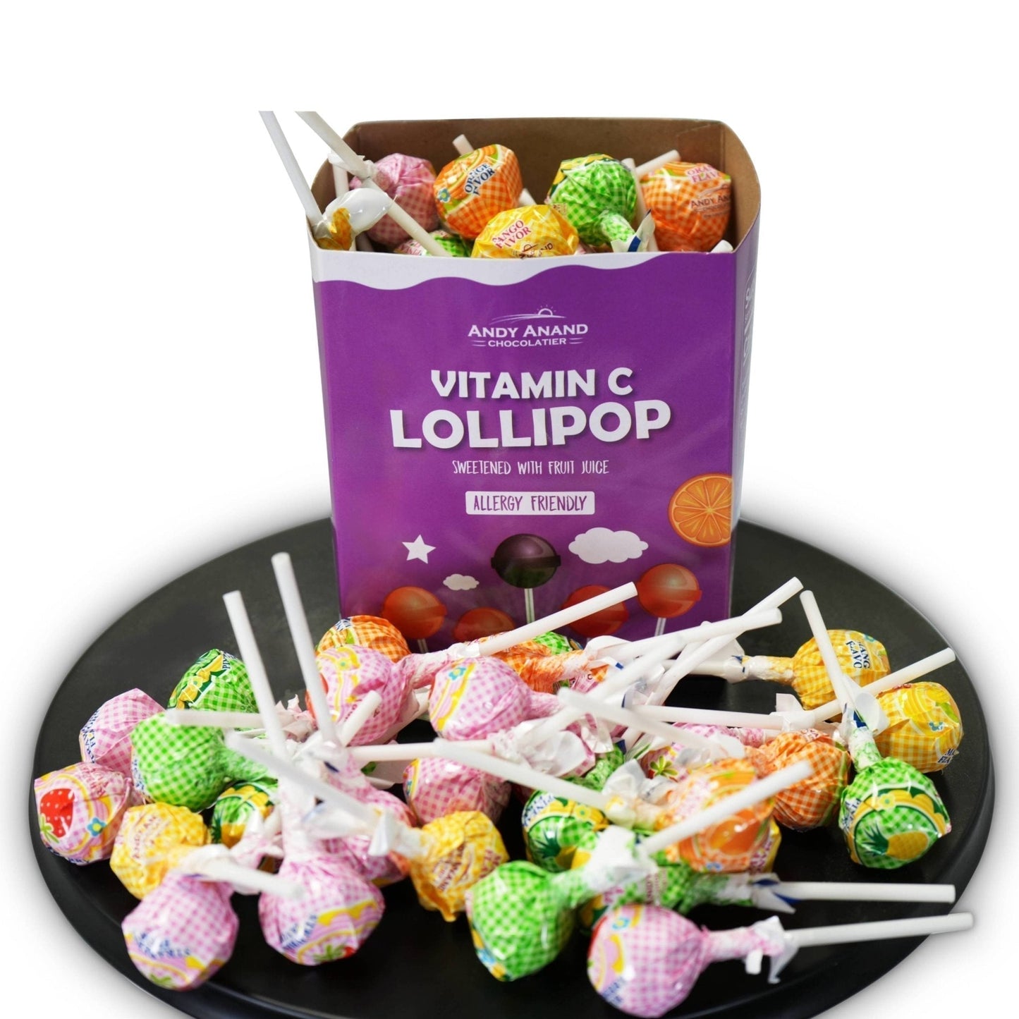 Andy Anand Vitamin C Low Calorie Lollipops,Fruit Flavors, 8.8 oz - Kids Vitamin C Pops, Kids Love Them! Sweetened with real fruit Juice