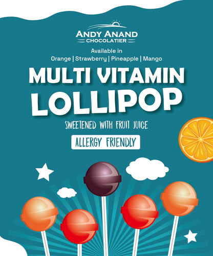 Andy Anand Low Calorie Lollipops with Multi Vitamins fruit flavored, Kids Love Them! 8.8 oz, Kids Multivitamin Pops, Sweetened with real fruit Juice