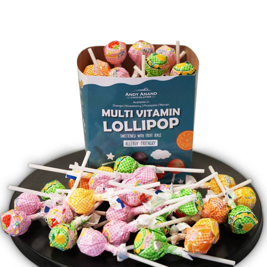 Andy Anand Low Calorie Lollipops with Multi Vitamins fruit flavored, Kids Love Them! 8.8 oz, Kids Multivitamin Pops, Sweetened with real fruit Juice