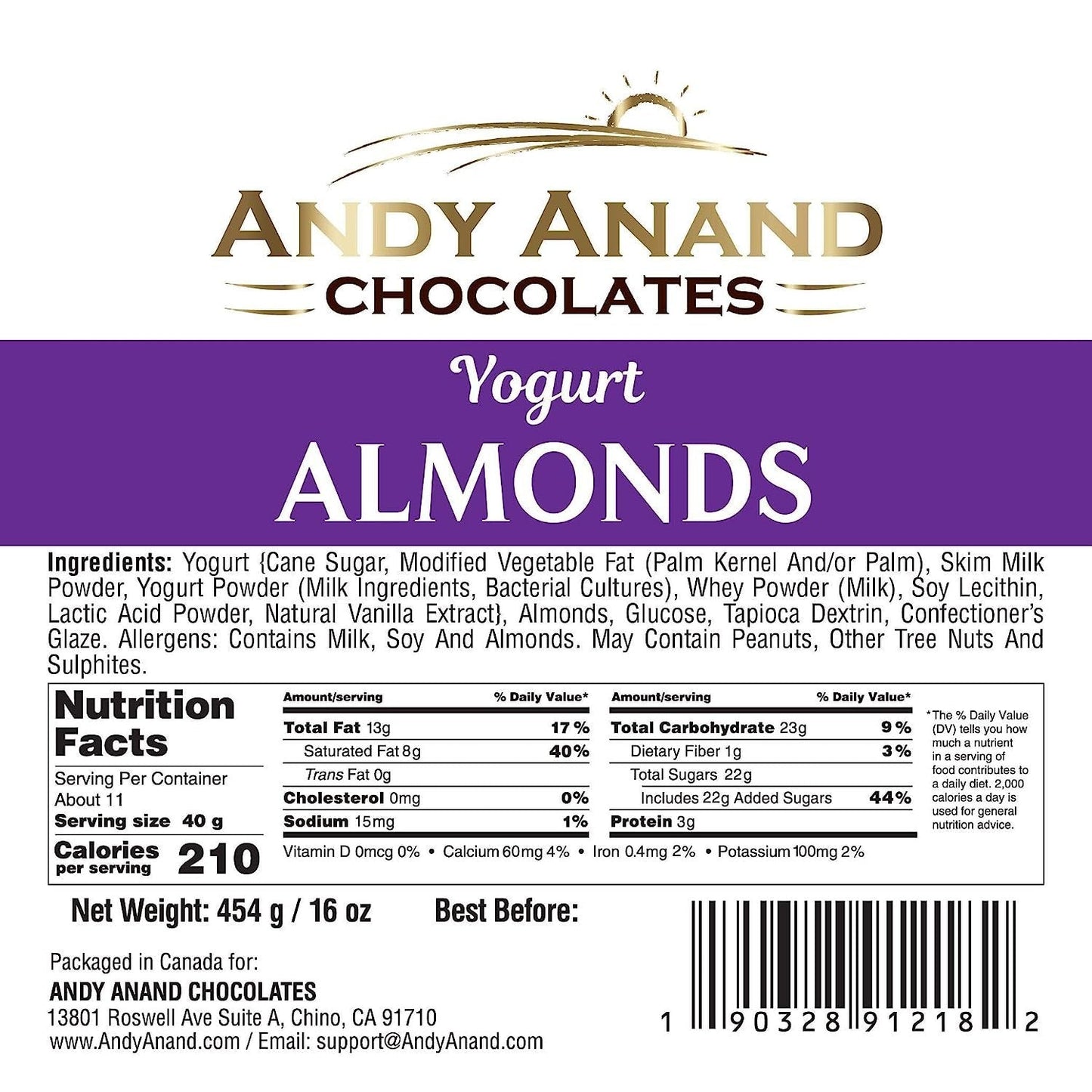 Andy Anand Greek Yogurt Covered Almonds, 1 lb – Sweet Creamy Coated Crunchy Nut Snack, Gourmet Gift for Birthday & Special Occasions
