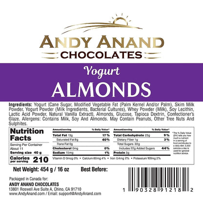 Andy Anand Greek Yogurt Covered Almonds, 1 lb – Sweet Creamy Coated Crunchy Nut Snack, Gourmet Gift for Birthday & Special Occasions
