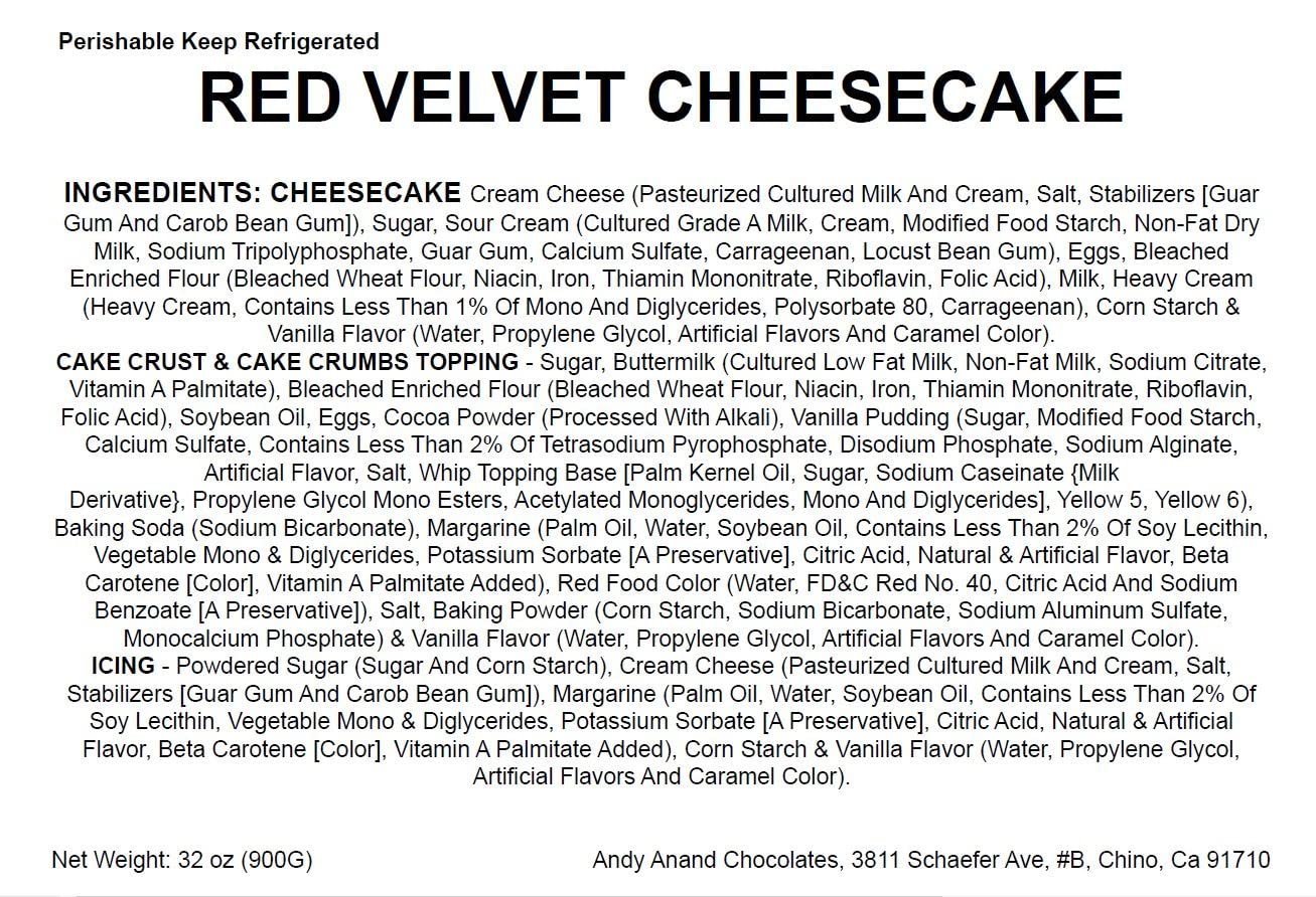 Andy Anand Red Velvet Cheesecake 9" Freshly Baked Classic Cheesecake - A Timeless Dessert for Any Occasion (2 lbs)