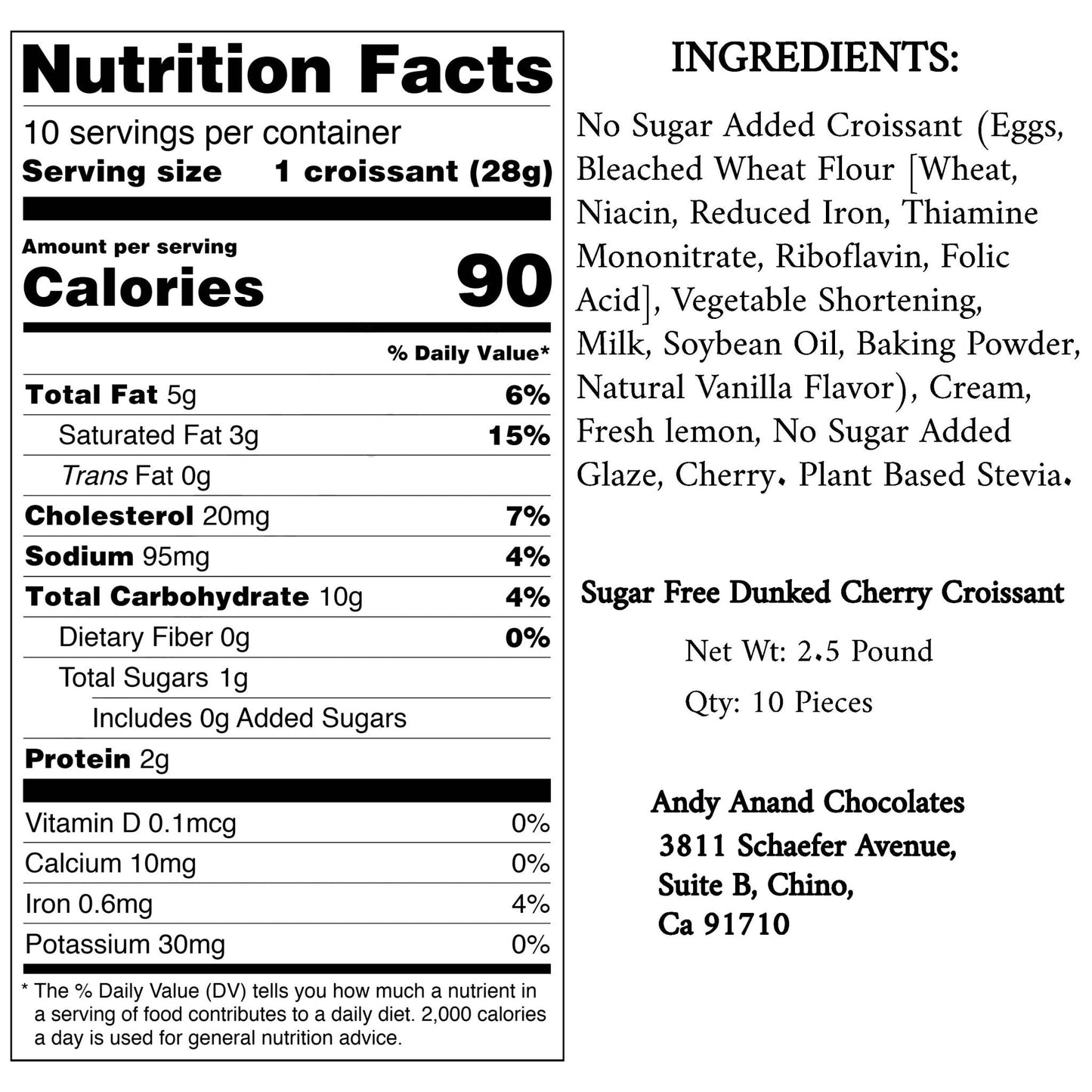 Andy Anand Sugar Free Cherry Chocolate Croissant Cake Style Dessert 2.5 lbs