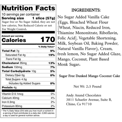 Andy Anand Sugar Free Coconut Cake - Mango Dessert 2.5 lbs a moist Mango delight infused with rich Coconut and fresh Mango