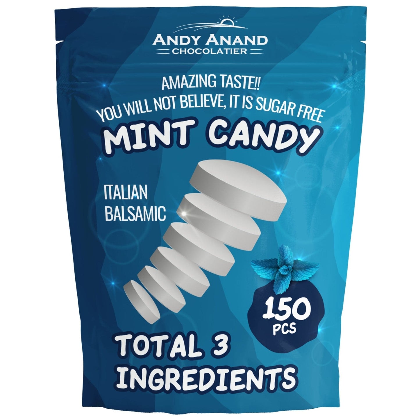 Andy Anand Sugar Free Fizz Mint Candy Italian Balsamic Candy: 300 Pcs, Delicious & Refreshing, Ideal for Keto, Vegan, Gluten-Free Lifestyles, Imported Candy 7 Oz