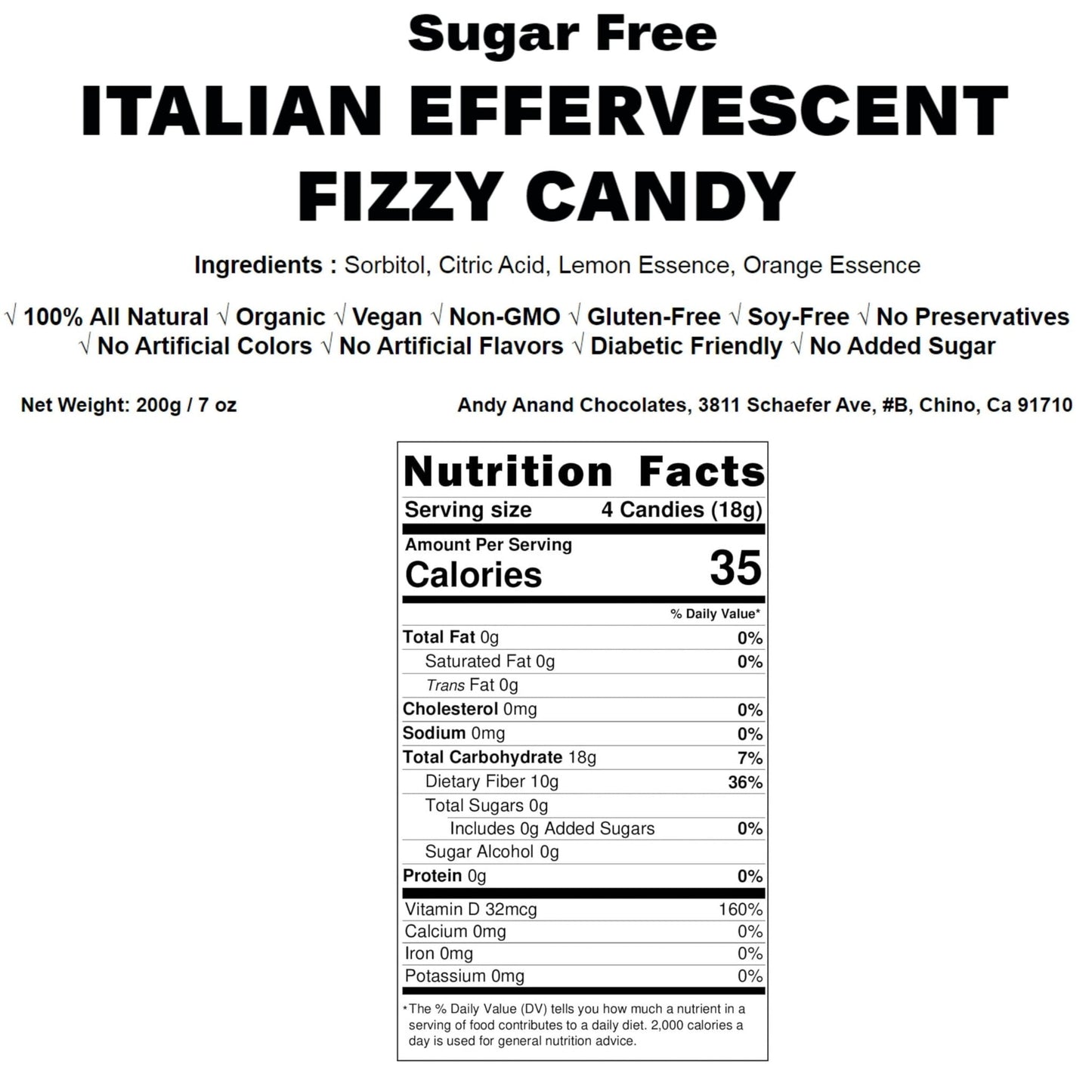 Andy Anand Sugar Free Fizzy candy Lemon & Orange Flavors: 300 Pcs, Italian candy, Effervescent, Delicious & Refreshing, Ideal for Keto, Vegan, Imported Candy 7 Oz