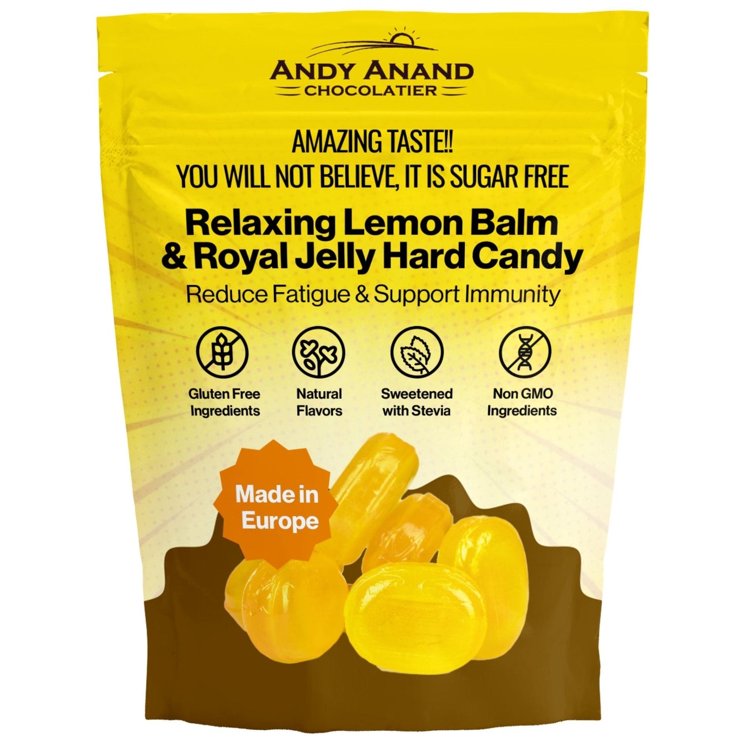 Andy Anand Sugar Free Lemon Candy - Relaxing Lemon Balm & Royal Jelly Hard Candy: Reduce Fatigue & Support Immunity. Imported from Europe, Sugar Free Treats for Diabetics - A Delicious and Healthy Alternative 7 Oz