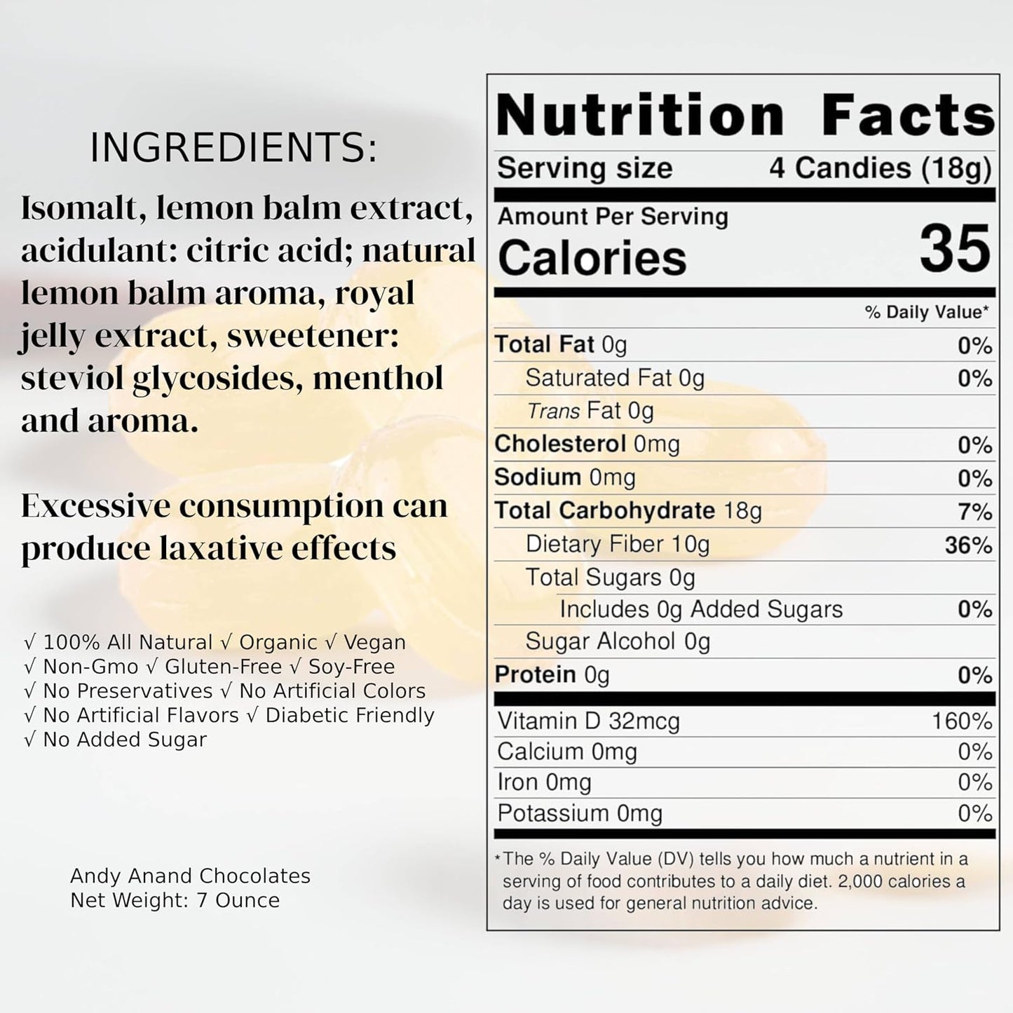 Andy Anand Sugar Free Lemon Candy - Relaxing Lemon Balm & Royal Jelly Hard Candy: Reduce Fatigue & Support Immunity. Imported from Europe, Sugar Free Treats for Diabetics - A Delicious and Healthy Alternative 7 Oz
