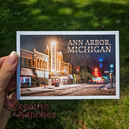 Ann Arbor Michigan Postcard – Winter Night Scene, Michigan Theater – Original Postcard by Creative By Sanchez