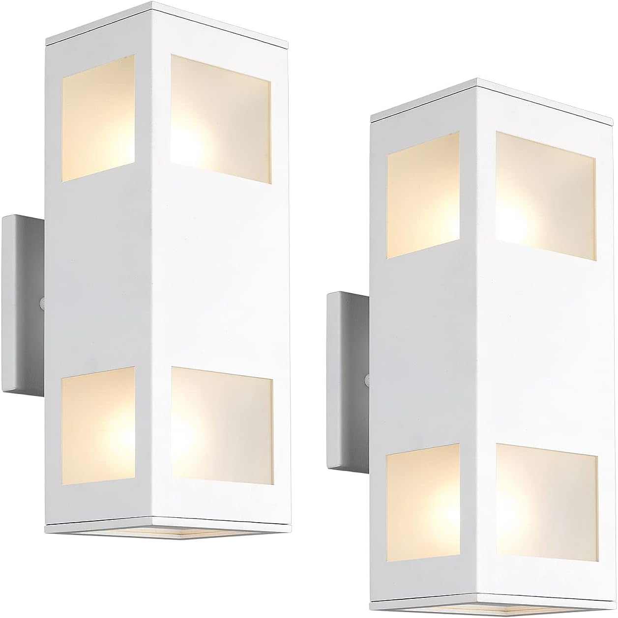 Porch Lights Outdoor Modern - IP64 Waterproof Aluminum and Tempered Glass Cover, 13" Rectangular Up/Down Wall Sconce for Porch, Garage & Patio, Exterior Lighting, White, 2 Pack