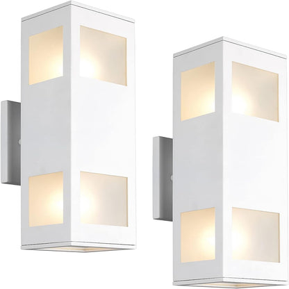 Porch Lights Outdoor Modern - IP64 Waterproof Aluminum and Tempered Glass Cover, 13" Rectangular Up/Down Wall Sconce for Porch, Garage & Patio, Exterior Lighting, White, 2 Pack