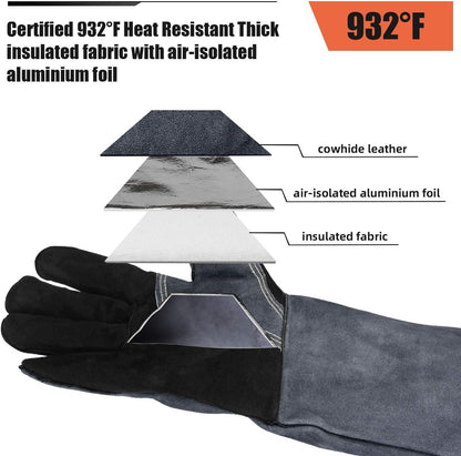 932°F Heat Resistant Welding Gloves 16 Inches Cowhide Leather - Long Sleeve and Insulated Lining BBQ Glove for Tig Welder/Mig/Grill/Barbecue/Stove Black-Gray