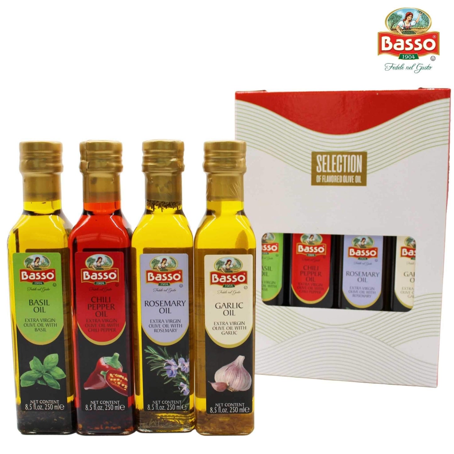 Basso 1904 Infused Extra Virgin Olive Oil Gift Set – Garlic, Chili Pepper, Rosemary, Basil – 4 x 8.5 fl oz (250 ml)