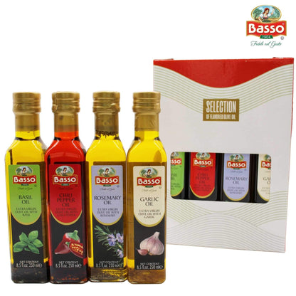 Basso 1904 Infused Extra Virgin Olive Oil Gift Set – Garlic, Chili Pepper, Rosemary, Basil – 4 x 8.5 fl oz (250 ml)