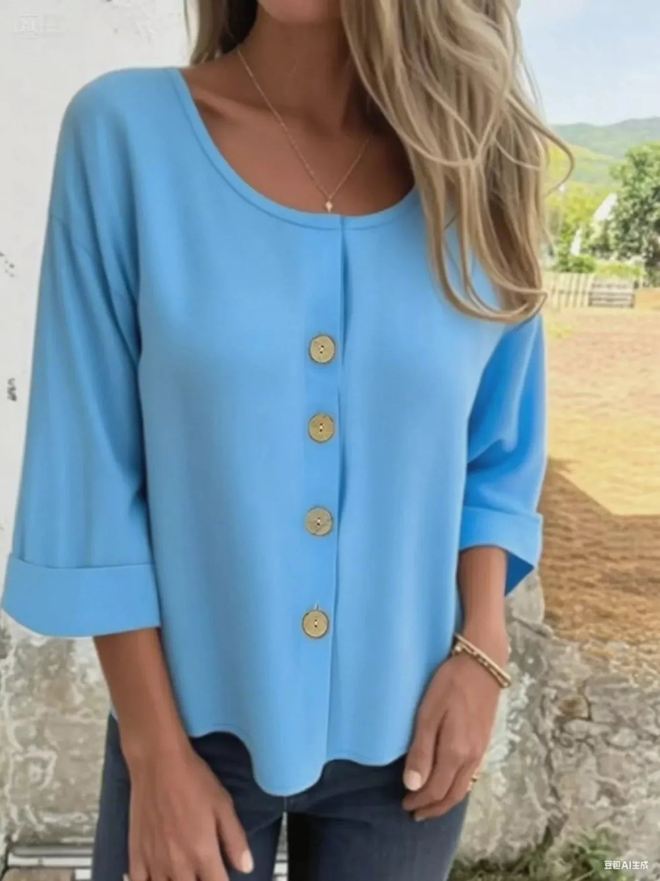 Button-Front 3/4 Sleeve Plus Size Casual Top
