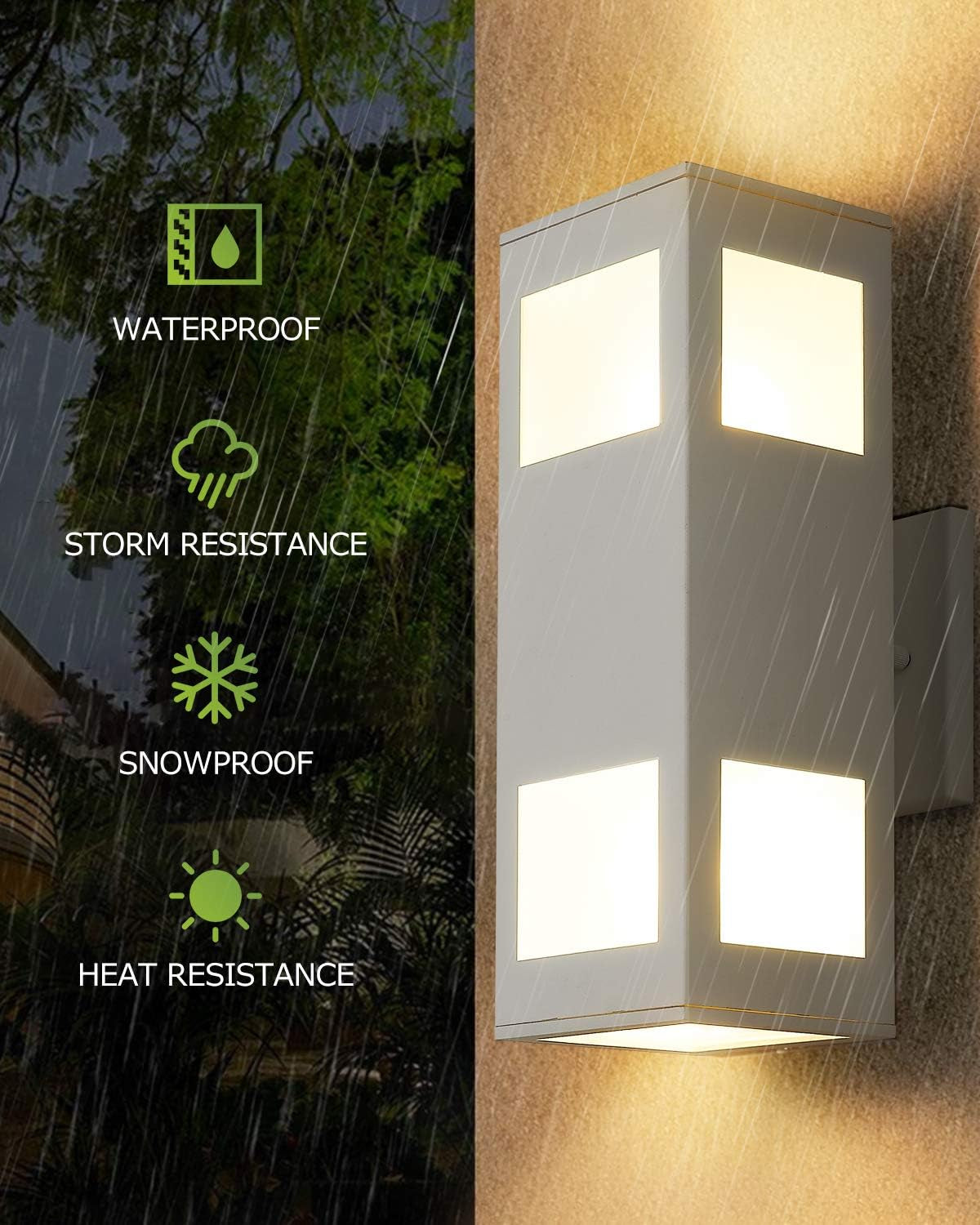 Porch Lights Outdoor Modern - IP64 Waterproof Aluminum and Tempered Glass Cover, 13" Rectangular Up/Down Wall Sconce for Porch, Garage & Patio, Exterior Lighting, White, 2 Pack