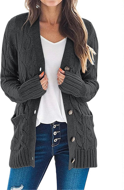 Women'S 2025 Fall Long Sleeve Cable Knit Sweater Open Front Cardigan Button Loose Outerwear