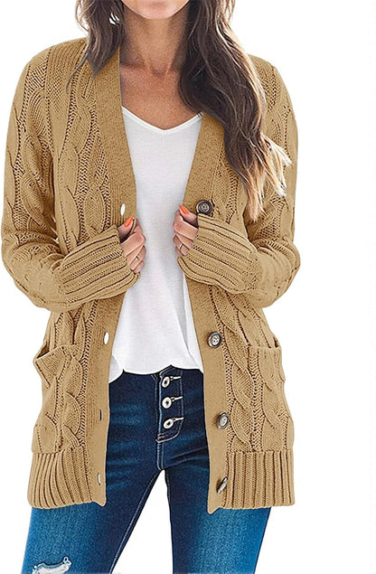 Women'S 2025 Fall Long Sleeve Cable Knit Sweater Open Front Cardigan Button Loose Outerwear