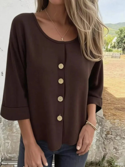 Button-Front 3/4 Sleeve Plus Size Casual Top